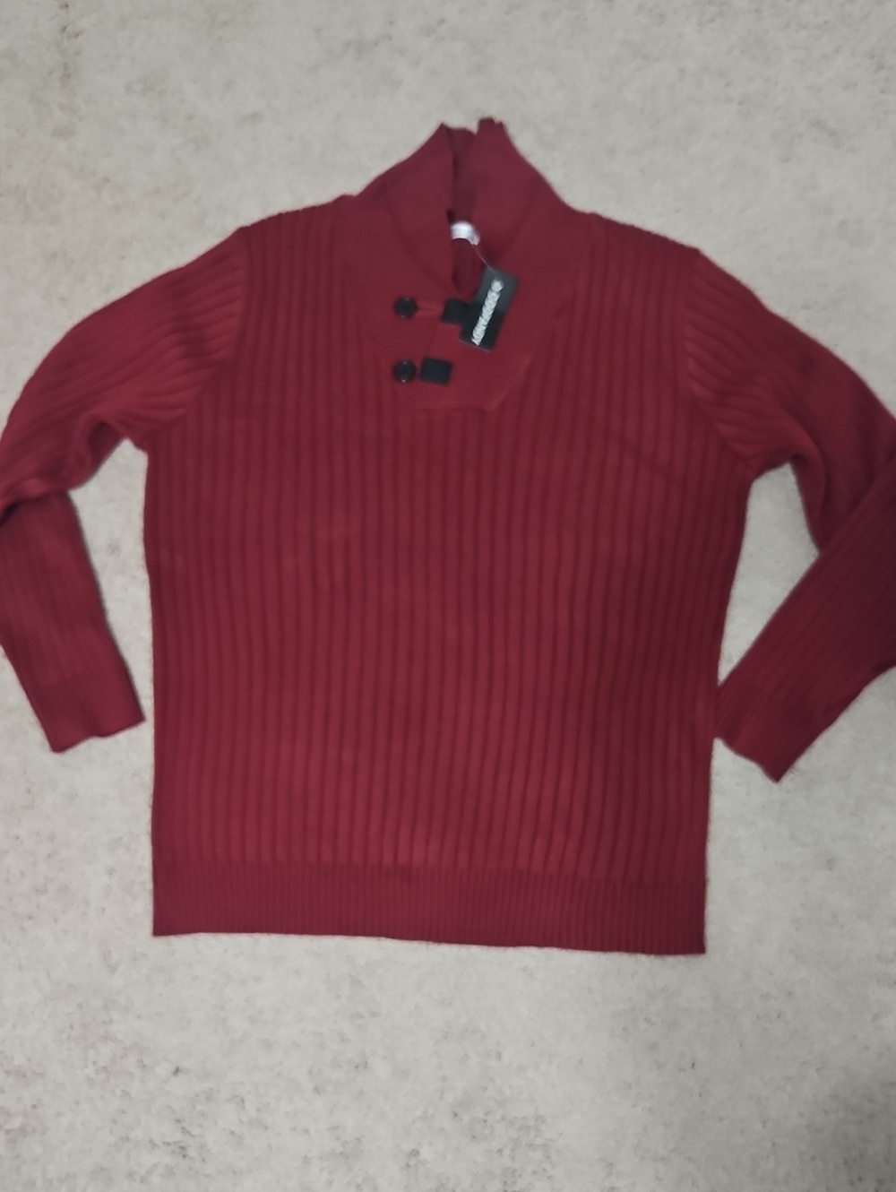 Ribbed Mock-Neck Sweater with Button Detail - Red